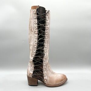 Freebird by Steven Womens 9 Chapelle Side Lace Tall Boots Cream Tan Leather Boho